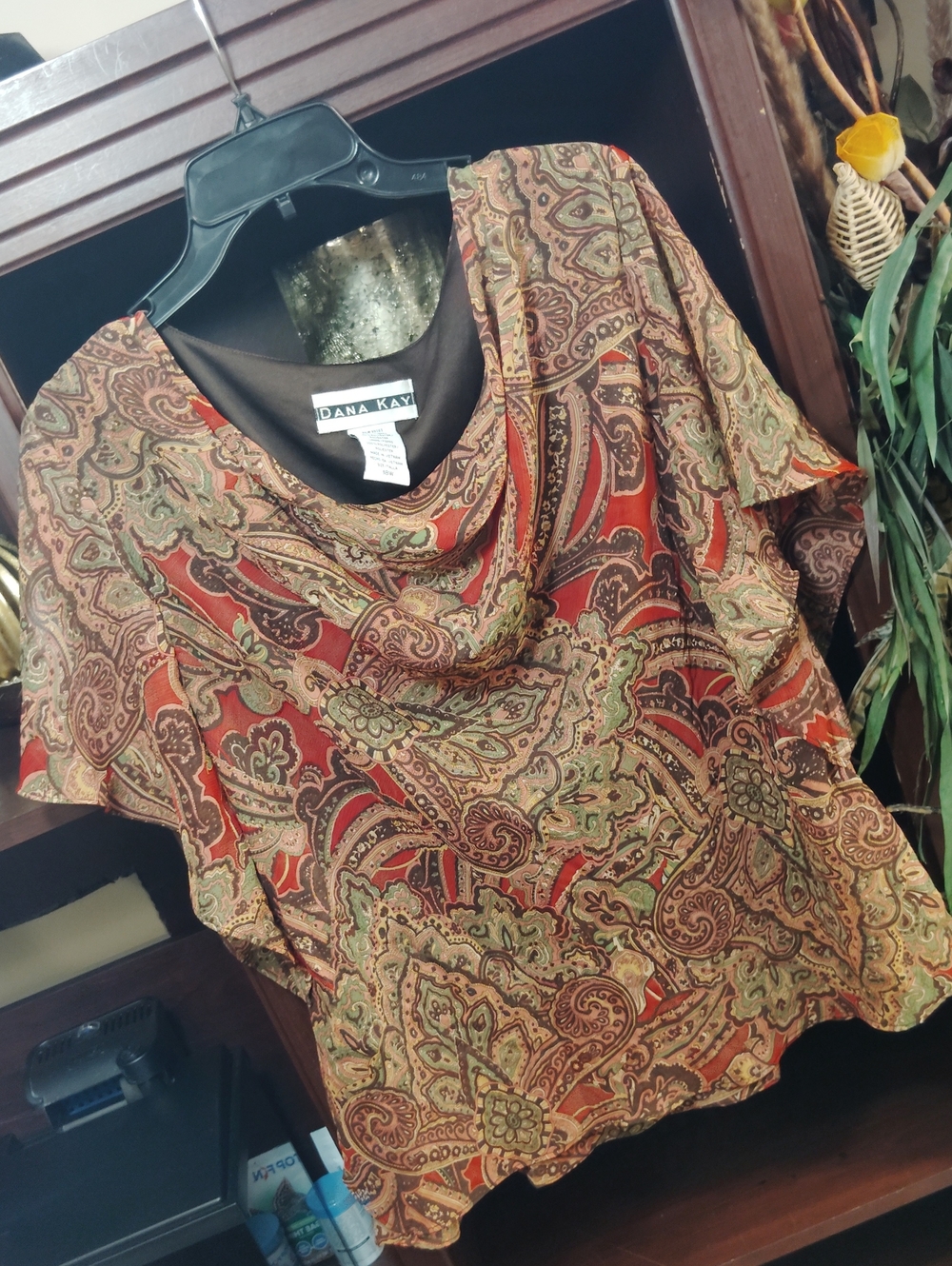 Dana Kay Paisley Cowl Neck Top in Rust and Olive